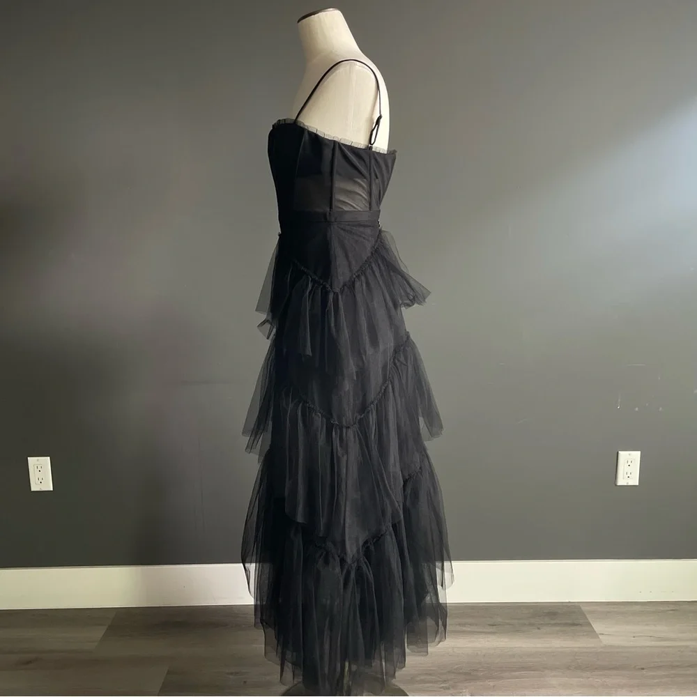 BCBGMaxAzria Black Tiered Tulle Maxi Dress – Sheer Mesh Bodice, Evening Gown - Picture 4 of 8